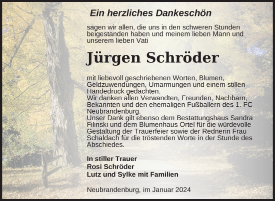 Traueranzeige von Jürgen Schröder von Nordkurier Neubrandenburger Zeitung