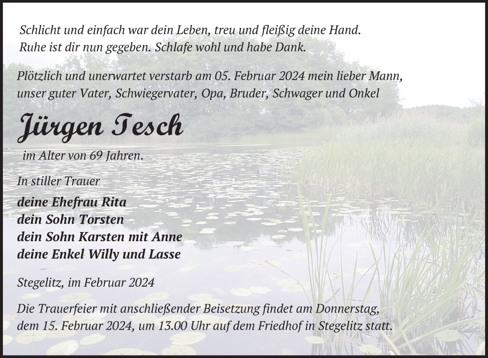  Traueranzeige für Jürgen Tesch vom 09.02.2024 aus Uckermark Kurier Templiner Zeitung