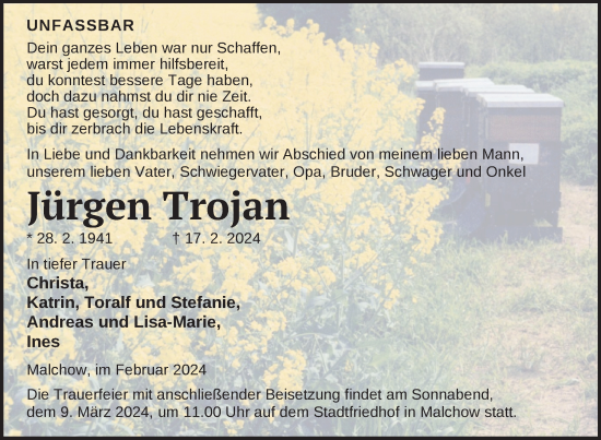 Traueranzeige von Jürgen Trojan von Nordkurier Müritz-Zeitung