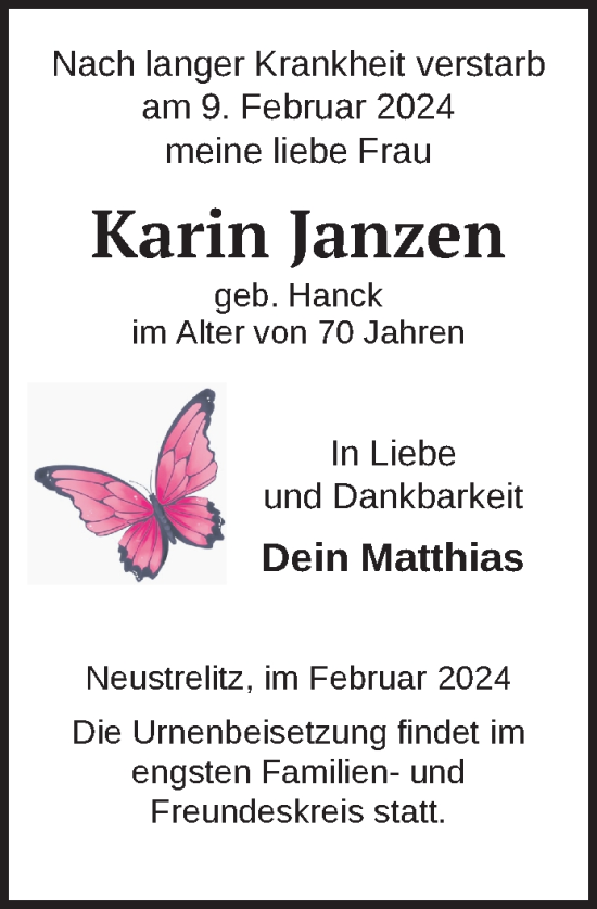 Traueranzeige von Karin Janzen von Nordkurier Strelitzer Zeitung