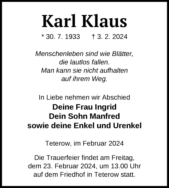 Traueranzeige von Karl Klaus von Nordkurier Mecklenburger Schweiz