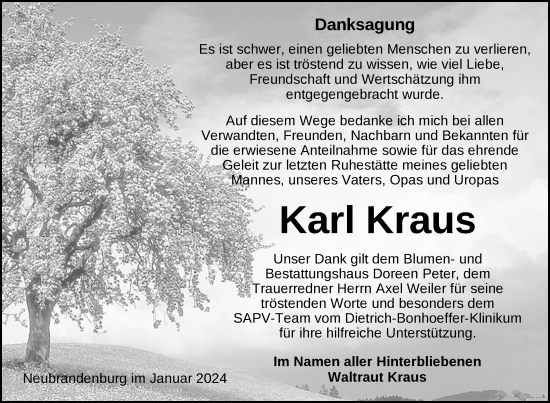 Traueranzeige von Karl Kraus von Nordkurier Neubrandenburger Zeitung