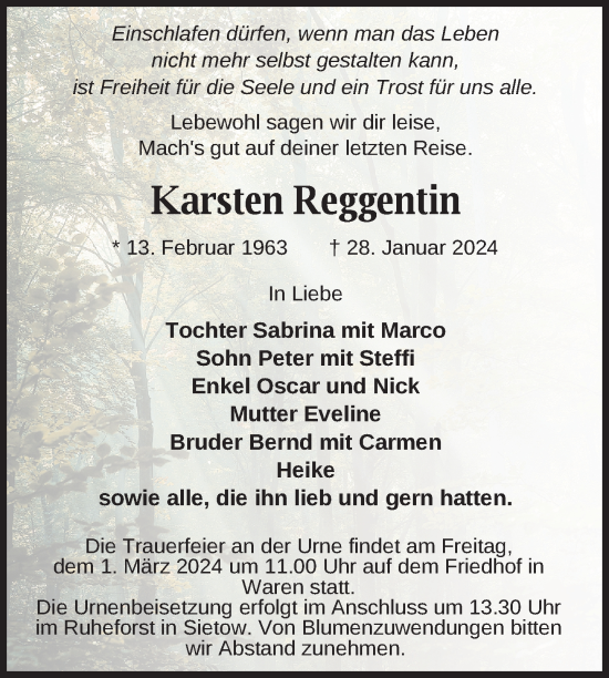 Traueranzeige von Karsten Reggentin von Nordkurier Müritz-Zeitung