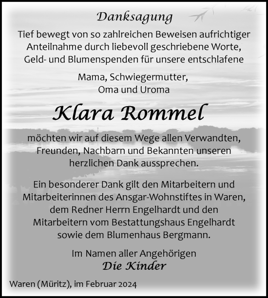 Traueranzeige von Klara Rommel von Nordkurier Müritz-Zeitung