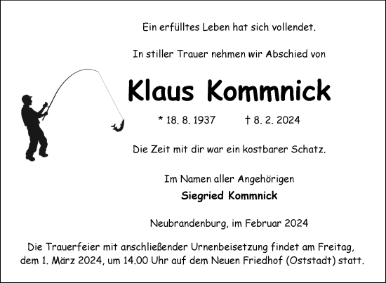Traueranzeige von Klaus Kommnick von Nordkurier Neubrandenburger Zeitung