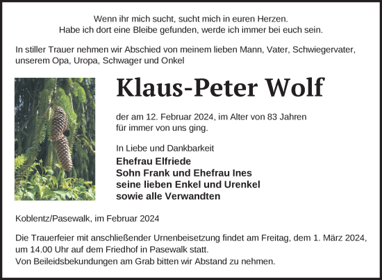 Traueranzeige von Klaus-Peter Wolf von Nordkurier Pasewalker Zeitung