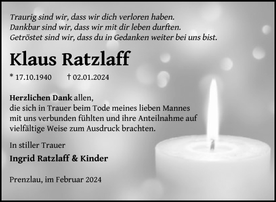 Traueranzeige von Klaus Ratzlaff von Uckermark Kurier Prenzlauer Zeitung