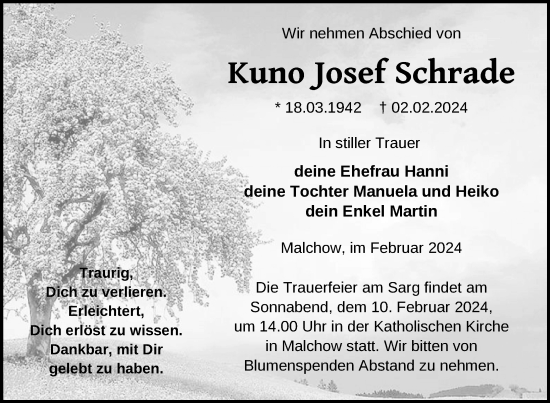 Traueranzeige von Kuno Josef Schrade von Nordkurier Müritz-Zeitung