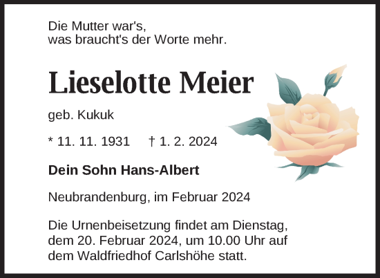 Traueranzeige von Lieselotte Meier von Nordkurier Neubrandenburger Zeitung