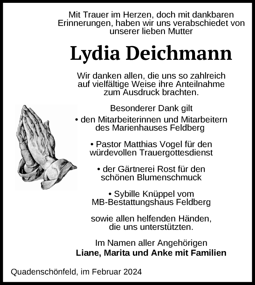  Traueranzeige für Lydia Deichmann vom 28.02.2024 aus Nordkurier Strelitzer Zeitung