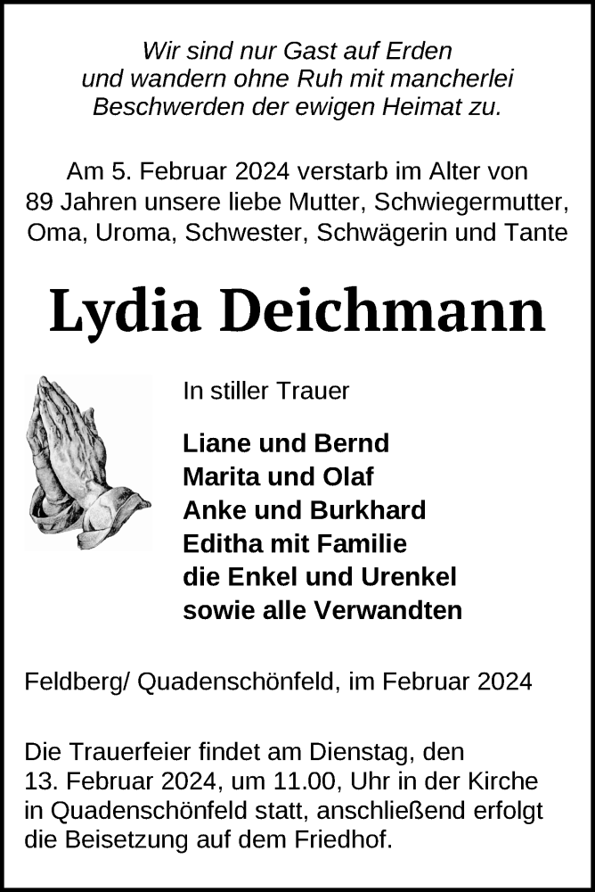  Traueranzeige für Lydia Deichmann vom 07.02.2024 aus Nordkurier Strelitzer Zeitung