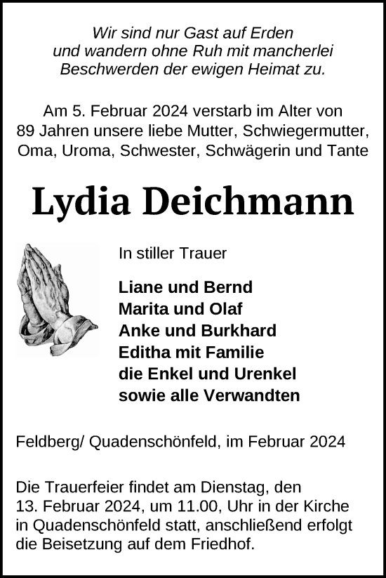 Traueranzeige von Lydia Deichmann von Nordkurier Strelitzer Zeitung