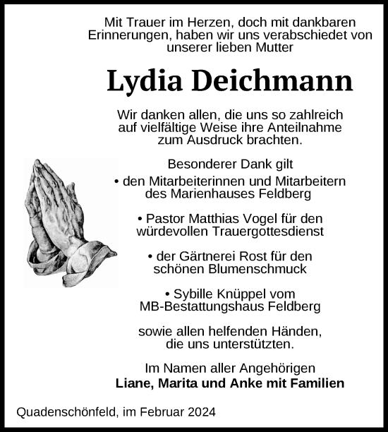 Traueranzeige von Lydia Deichmann von Nordkurier Strelitzer Zeitung