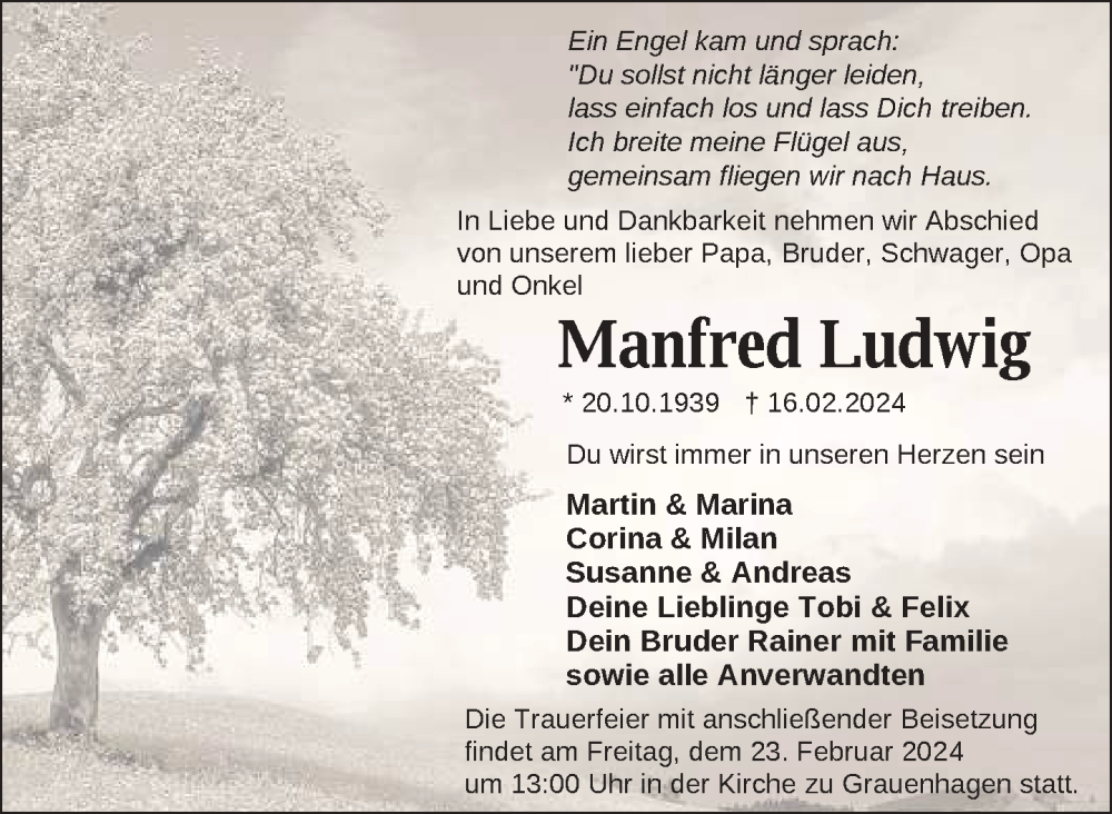  Traueranzeige für Manfred Ludwig vom 20.02.2024 aus Nordkurier Strelitzer Zeitung
