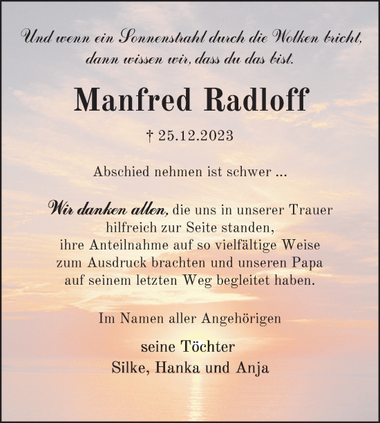 Traueranzeige von Manfred Radloff von Uckermark Kurier Prenzlauer Zeitung