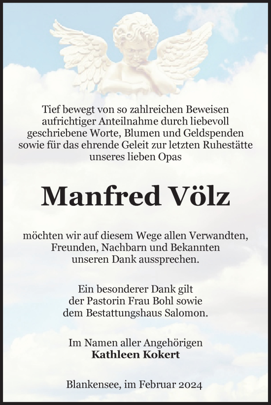 Traueranzeige von Manfred Völz von Nordkurier Pasewalker Zeitung