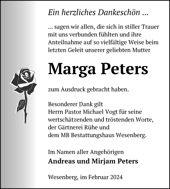 Traueranzeige von Marga Peters von Nordkurier Strelitzer Zeitung