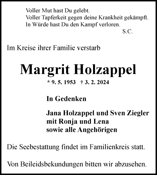 Traueranzeige von Margrit Holzappel von Nordkurier Neubrandenburger Zeitung