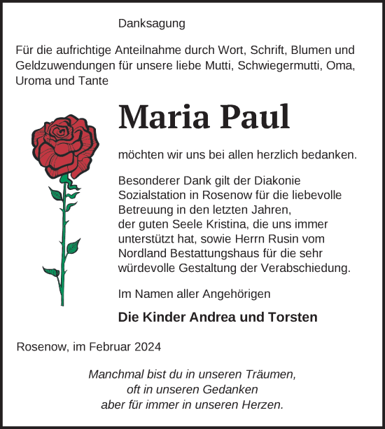 Traueranzeige von Maria Paul von Nordkurier Neubrandenburger Zeitung