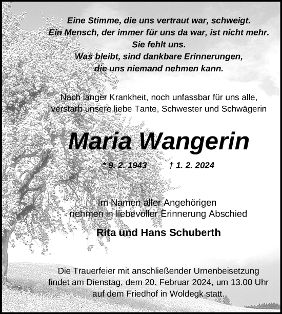 Traueranzeige von Maria Wangerin von Nordkurier Strelitzer Zeitung