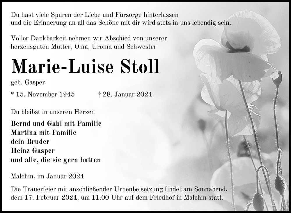  Traueranzeige für Marie-Luise Stoll vom 09.02.2024 aus Nordkurier Mecklenburger Schweiz