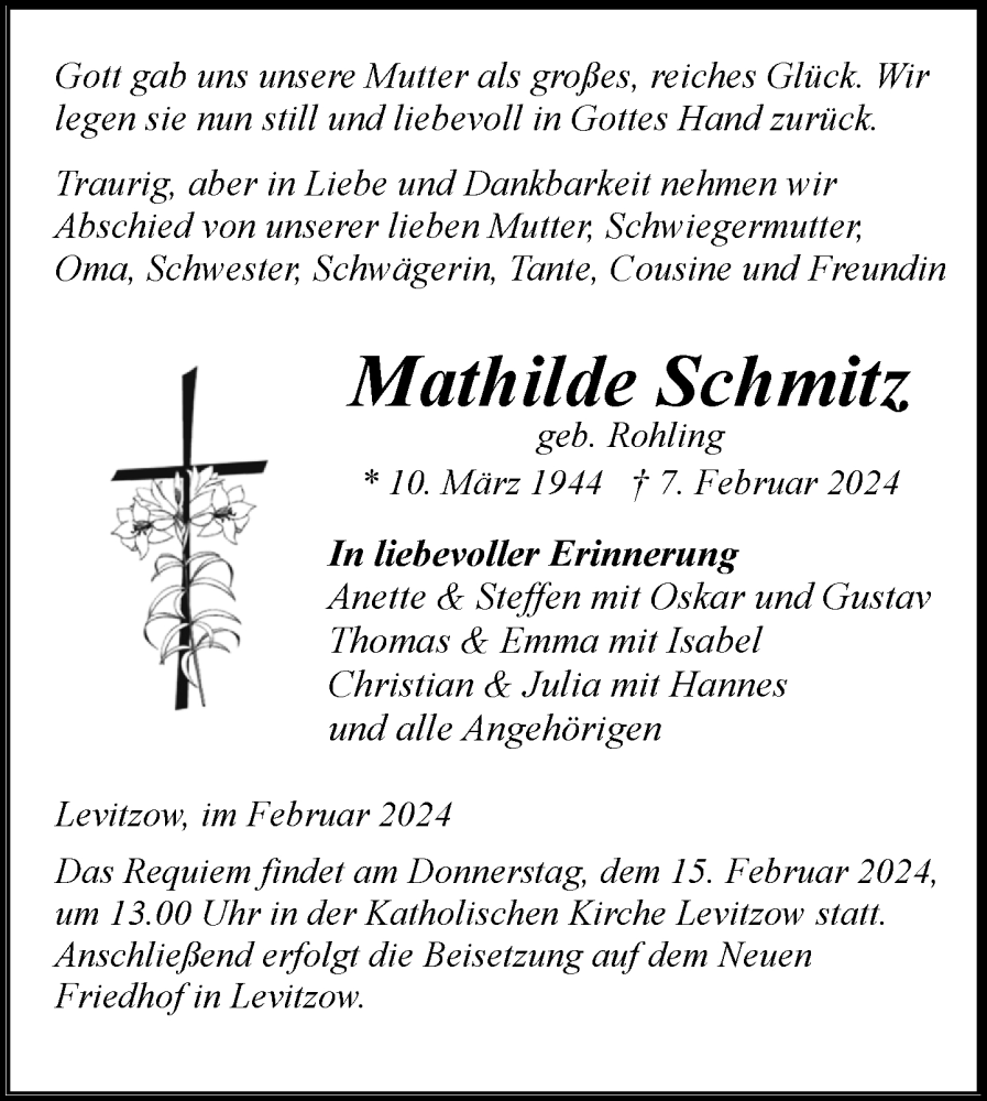  Traueranzeige für Mathilde Schmitz vom 10.02.2024 aus Nordkurier Mecklenburger Schweiz