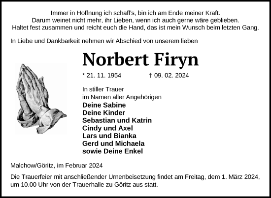 Traueranzeige von Norbert Firyn von Uckermark Kurier Prenzlauer Zeitung