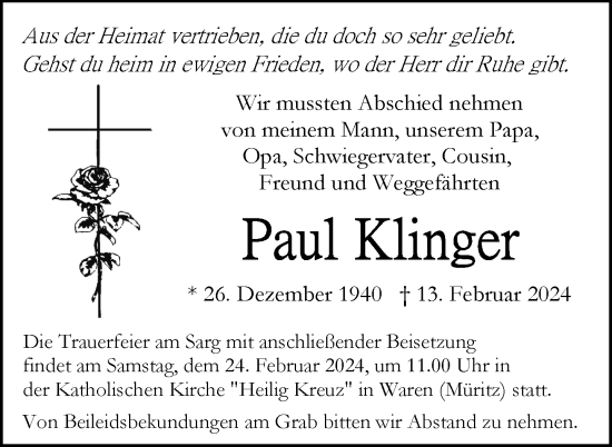 Traueranzeige von Paul Klinger von Nordkurier Müritz-Zeitung