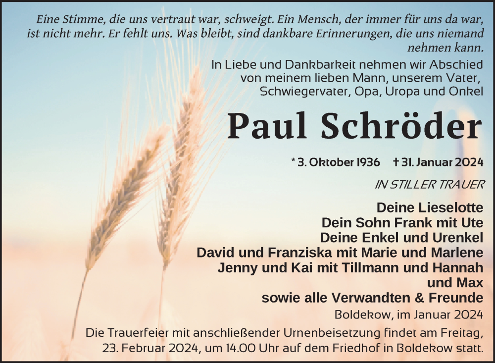  Traueranzeige für Paul Schröder vom 10.02.2024 aus Nordkurier Vorpommern Kurier