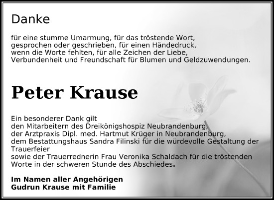 Traueranzeige von Peter Krause von Nordkurier Neubrandenburger Zeitung