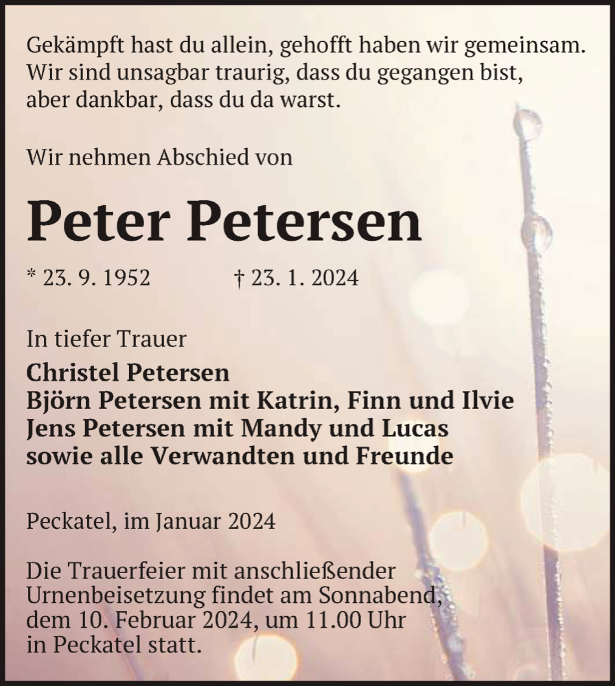  Traueranzeige für Peter Petersen vom 02.02.2024 aus Nordkurier Strelitzer Zeitung