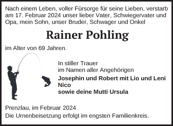 Traueranzeige von Rainer Pohling von Uckermark Kurier Prenzlauer Zeitung