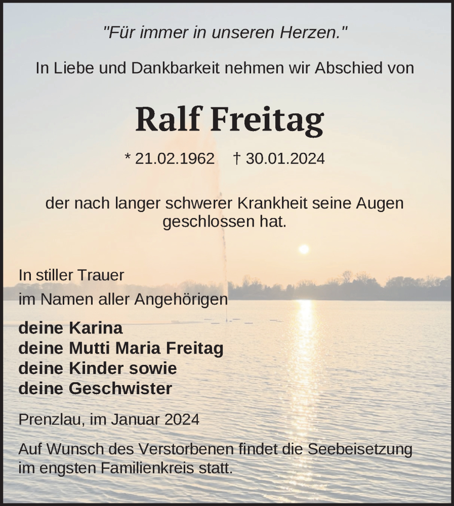  Traueranzeige für Ralf Freitag vom 09.02.2024 aus Uckermark Kurier Prenzlauer Zeitung