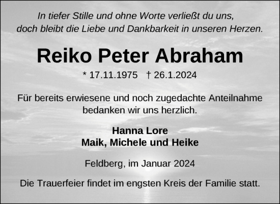 Traueranzeige von Reiko Peter Abraham von Nordkurier Strelitzer Zeitung