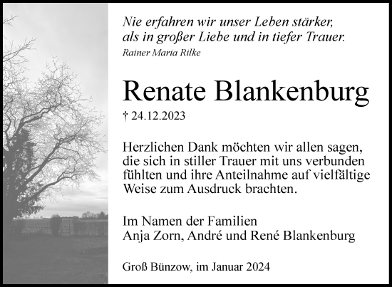 Traueranzeige von Renate Blankenburg von Nordkurier Vorpommern Kurier