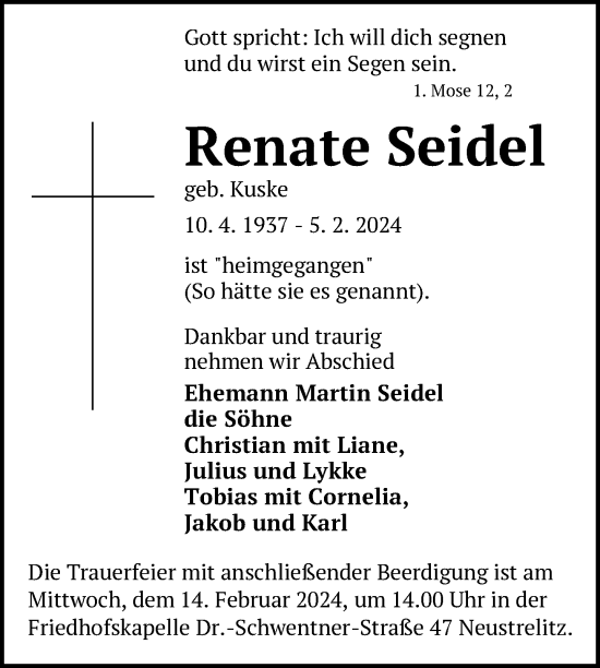 Traueranzeige von Renate Seidel von Nordkurier Strelitzer Zeitung