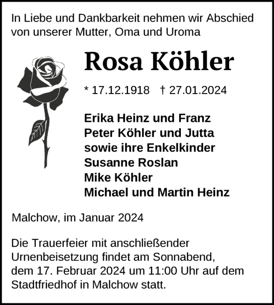 Traueranzeige von Rosa Köhler von Nordkurier Müritz-Zeitung