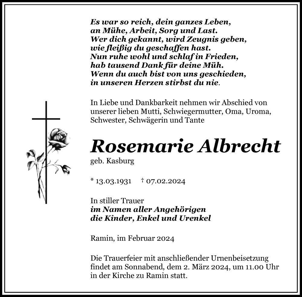  Traueranzeige für Rosemarie Albrecht vom 10.02.2024 aus Nordkurier Pasewalker Zeitung