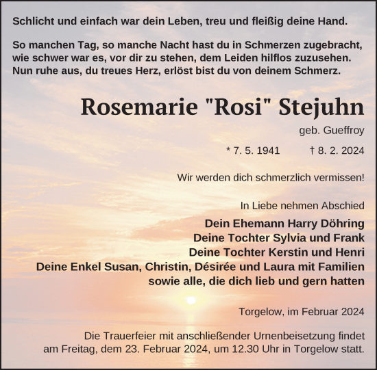 Traueranzeige von Rosemarie Stejuhn von Nordkurier Haff-Zeitung