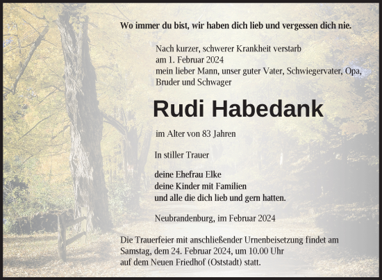 Traueranzeige von Rudi Habedank von Nordkurier Neubrandenburger Zeitung