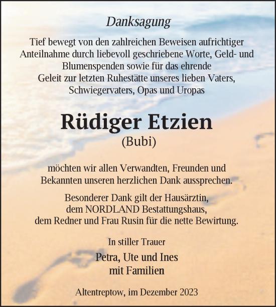 Traueranzeige von Rüdiger Etzien von Nordkurier Neubrandenburger Zeitung