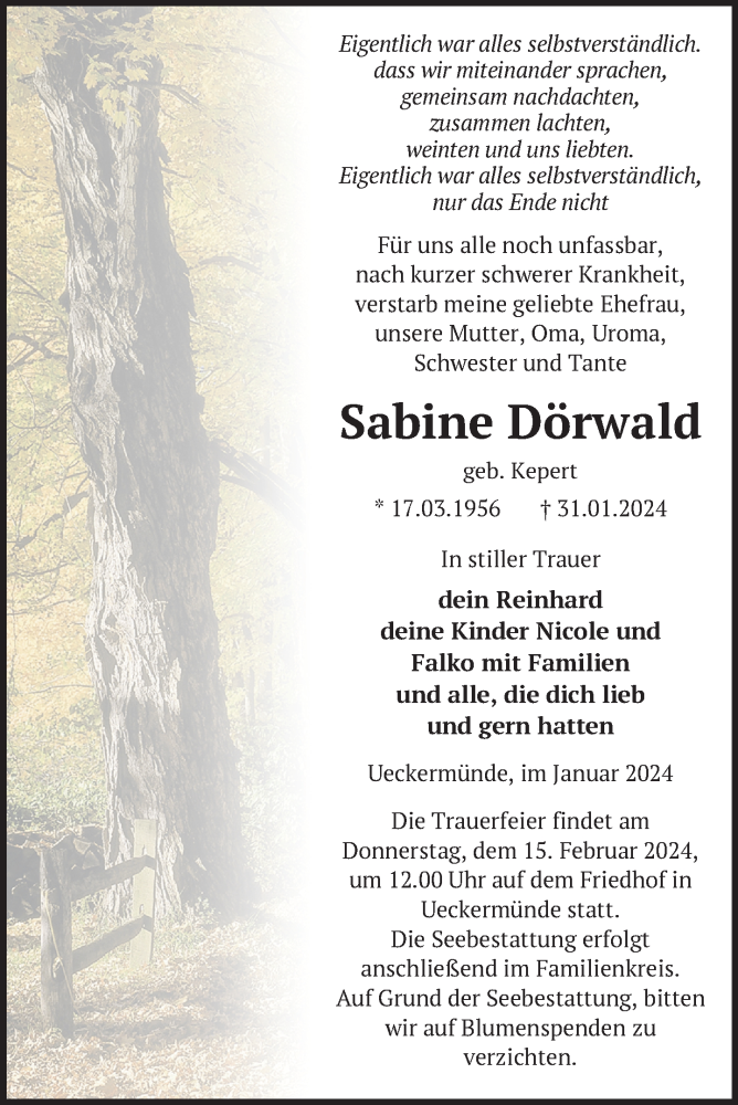  Traueranzeige für Sabine Dörwald vom 09.02.2024 aus Nordkurier Haff-Zeitung