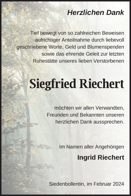 Traueranzeige von Siegfried Riechert von Nordkurier Neubrandenburger Zeitung