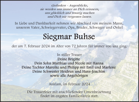 Traueranzeige von Siegmar Buhse von Nordkurier Vorpommern Kurier