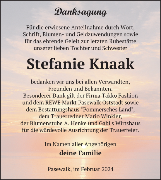 Traueranzeige von Stefanie Knaak von Nordkurier Pasewalker Zeitung