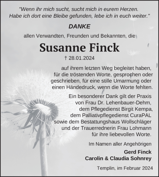 Traueranzeige von Susanne Finck von Uckermark Kurier Templiner Zeitung