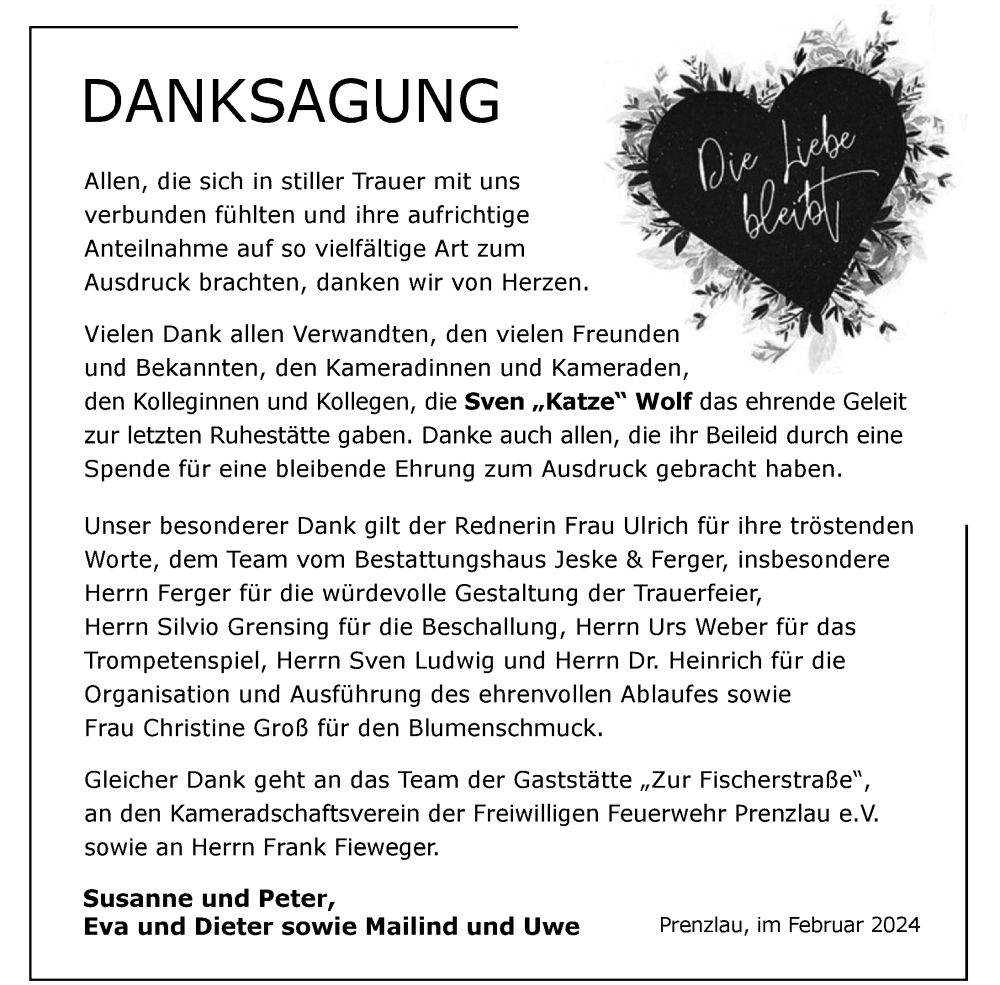  Traueranzeige für Sven Wolf vom 24.02.2024 aus Uckermark Kurier Prenzlauer Zeitung