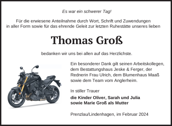 Traueranzeige von Thomas Groß von Uckermark Kurier Prenzlauer Zeitung