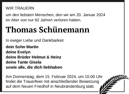 Traueranzeige von Thomas Schünemann von Nordkurier Neubrandenburger Zeitung