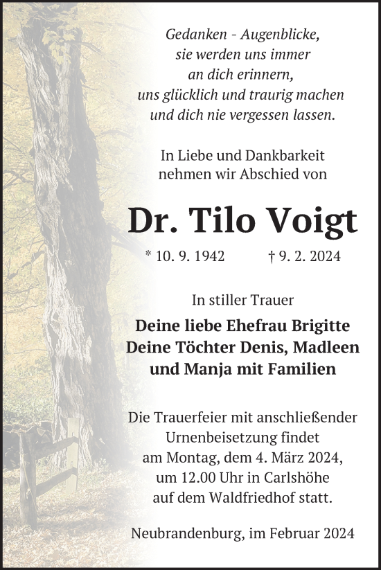 Traueranzeige von Tilo Voigt von Nordkurier Neubrandenburger Zeitung